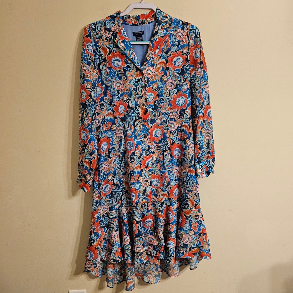 Doncaster Collection Floral Shirt Dress Womens 8 Blue Orange Ruffle High Low